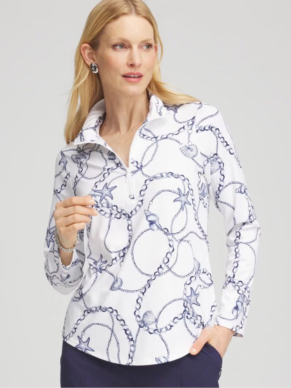 Chico's White & Navy Nautical-Print Quarter-Zip UPF Knit Golf Top Women’s 4 (20)